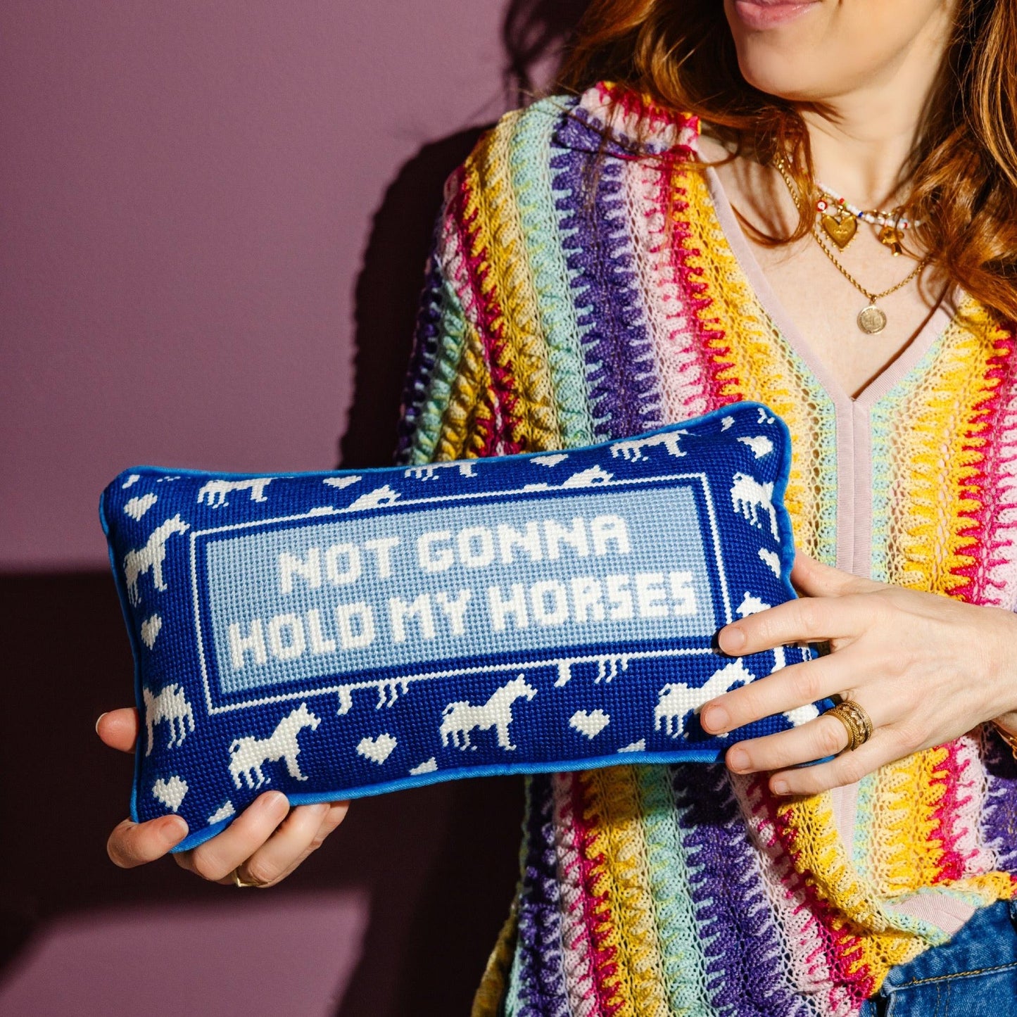 Hold My Horses Needlepoint Pillow
