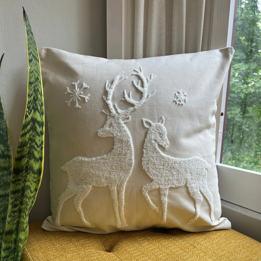 Ivory Winter Deer Embroidered Pillow Cover