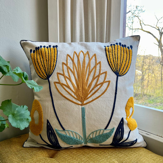 Lotus Flower Embroidered Throw Pillow Cover