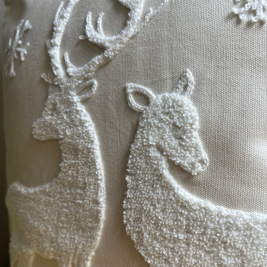 Neutral Winter Deer Embroidered Pillow Cover