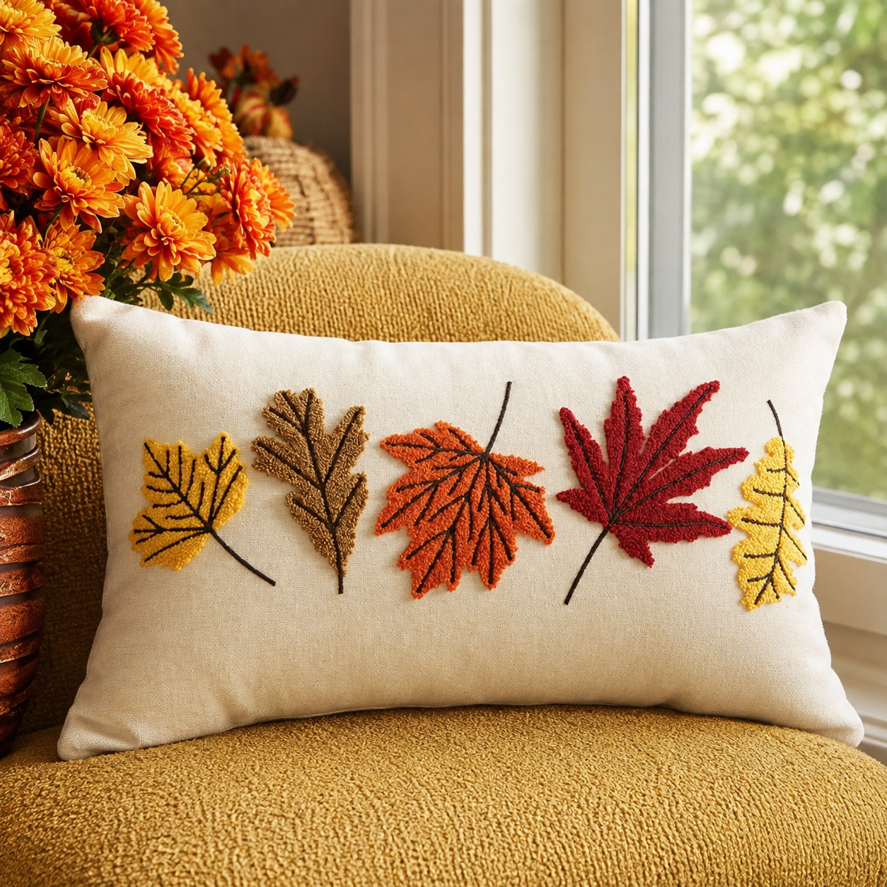 PRE ORDER | Tufted Fall Leaves Lumbar Pillow Cover
