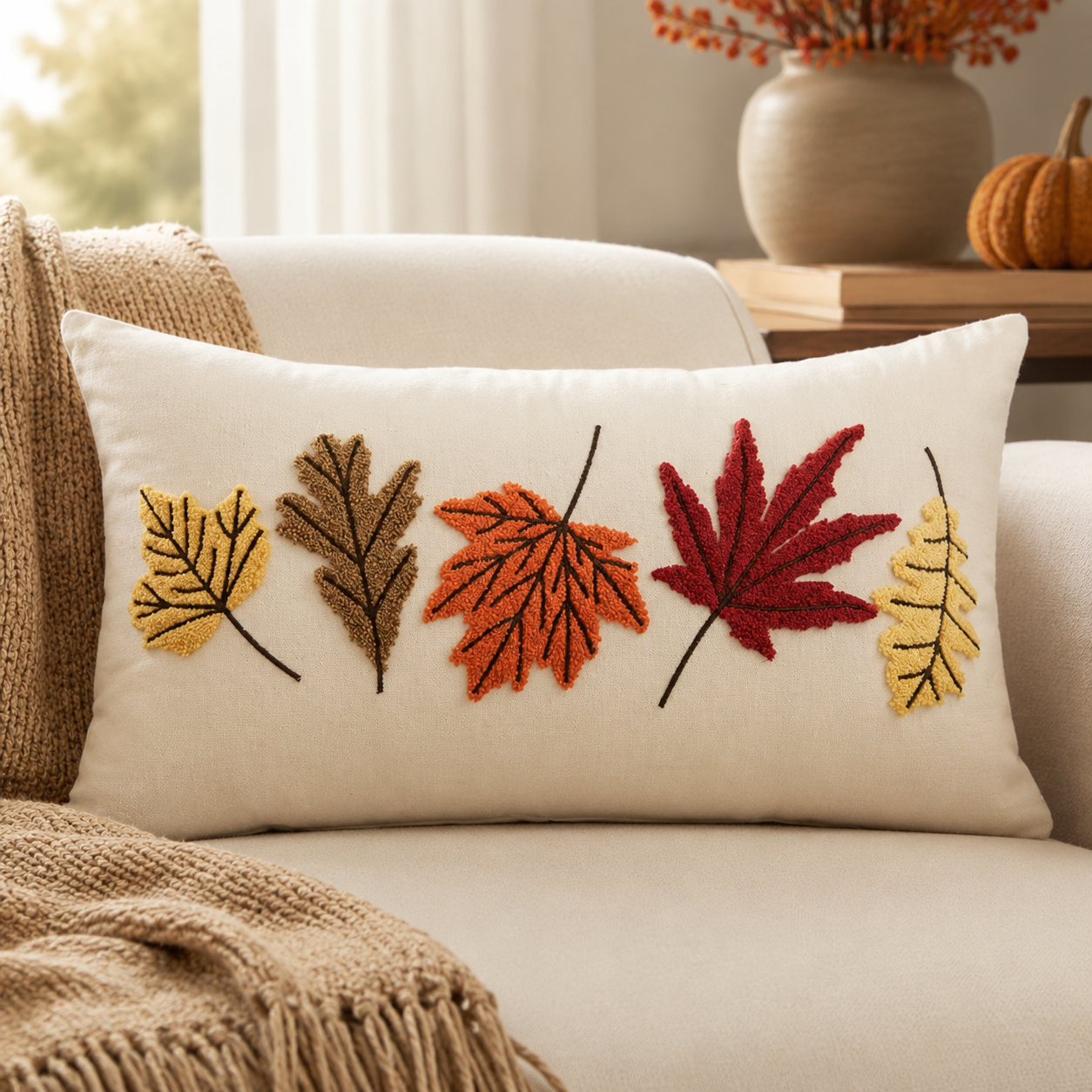 PRE ORDER | Tufted Fall Leaves Lumbar Pillow Cover