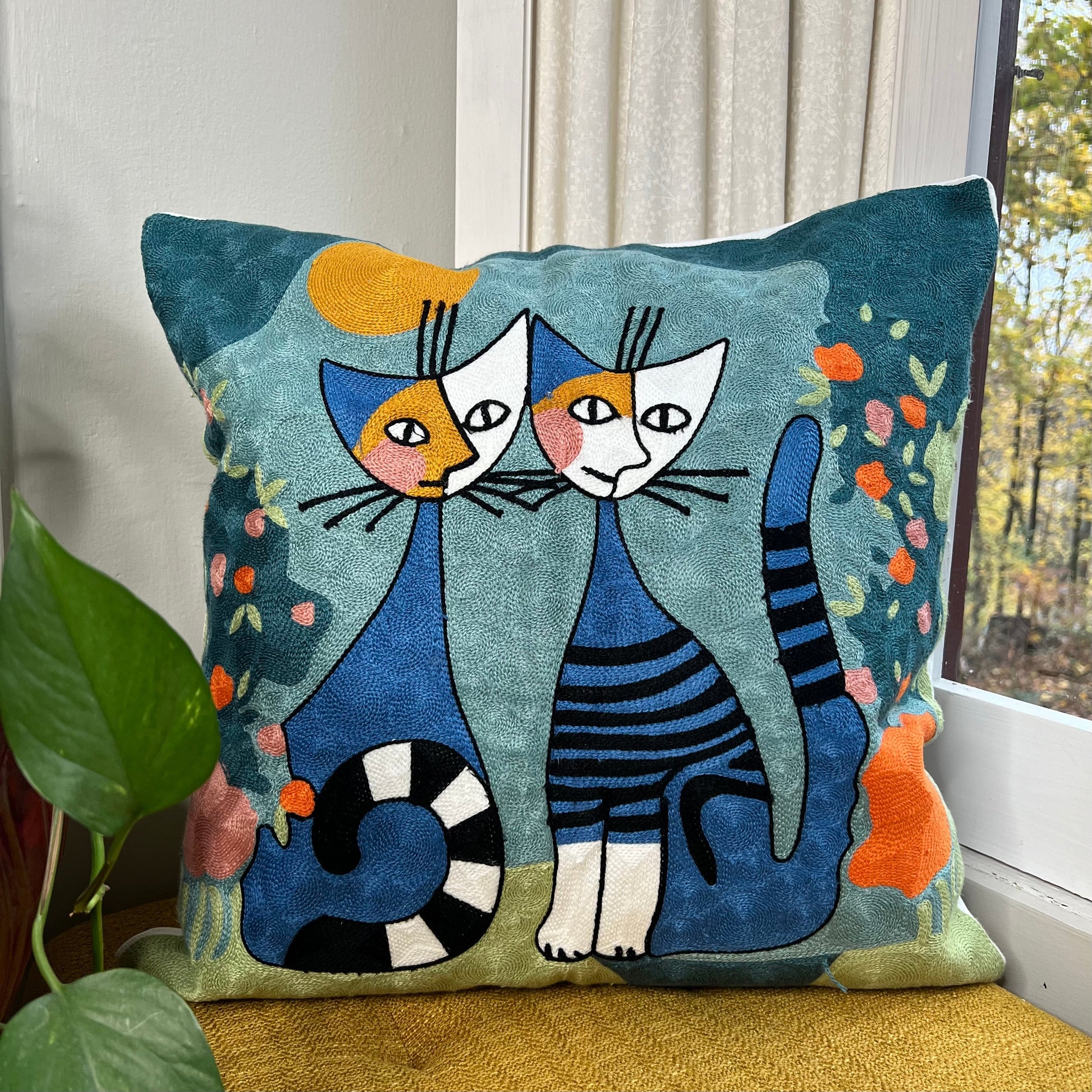 PRE ORDER Twin Siamese Cat Pillow Cover – Colorful Embroidered Decor
