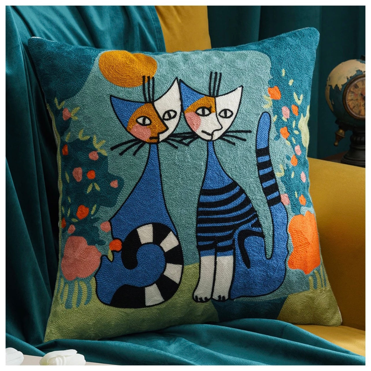 PRE ORDER Twin Siamese Cat Pillow Cover – Colorful Embroidered Decor