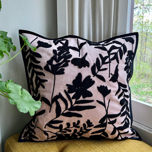 Pink and Black Floral Embroidered Pillow Cover