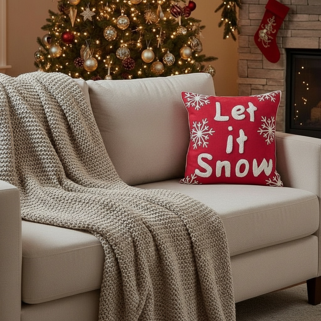 Red Snowflake Embroidered Pillow Cover