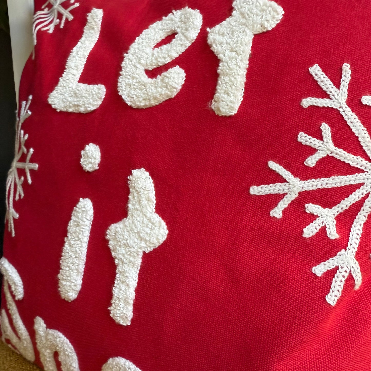 Red and White “Let it Snow” Embroidered Pillow Cover