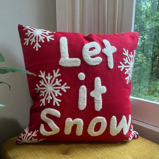 Red and White “Let it Snow” Embroidered Pillow Cover