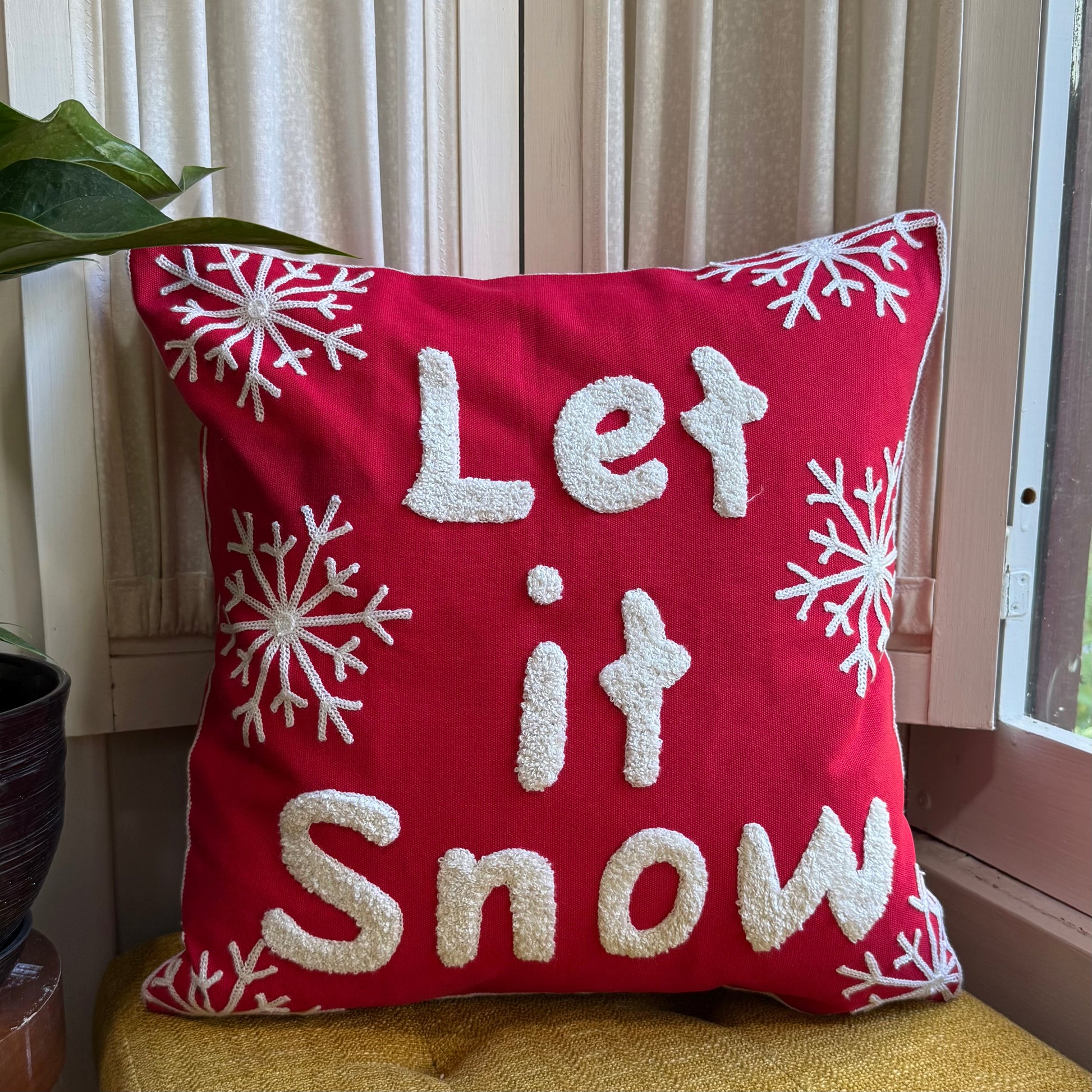 Red and White “Let it Snow” Embroidered Pillow Cover