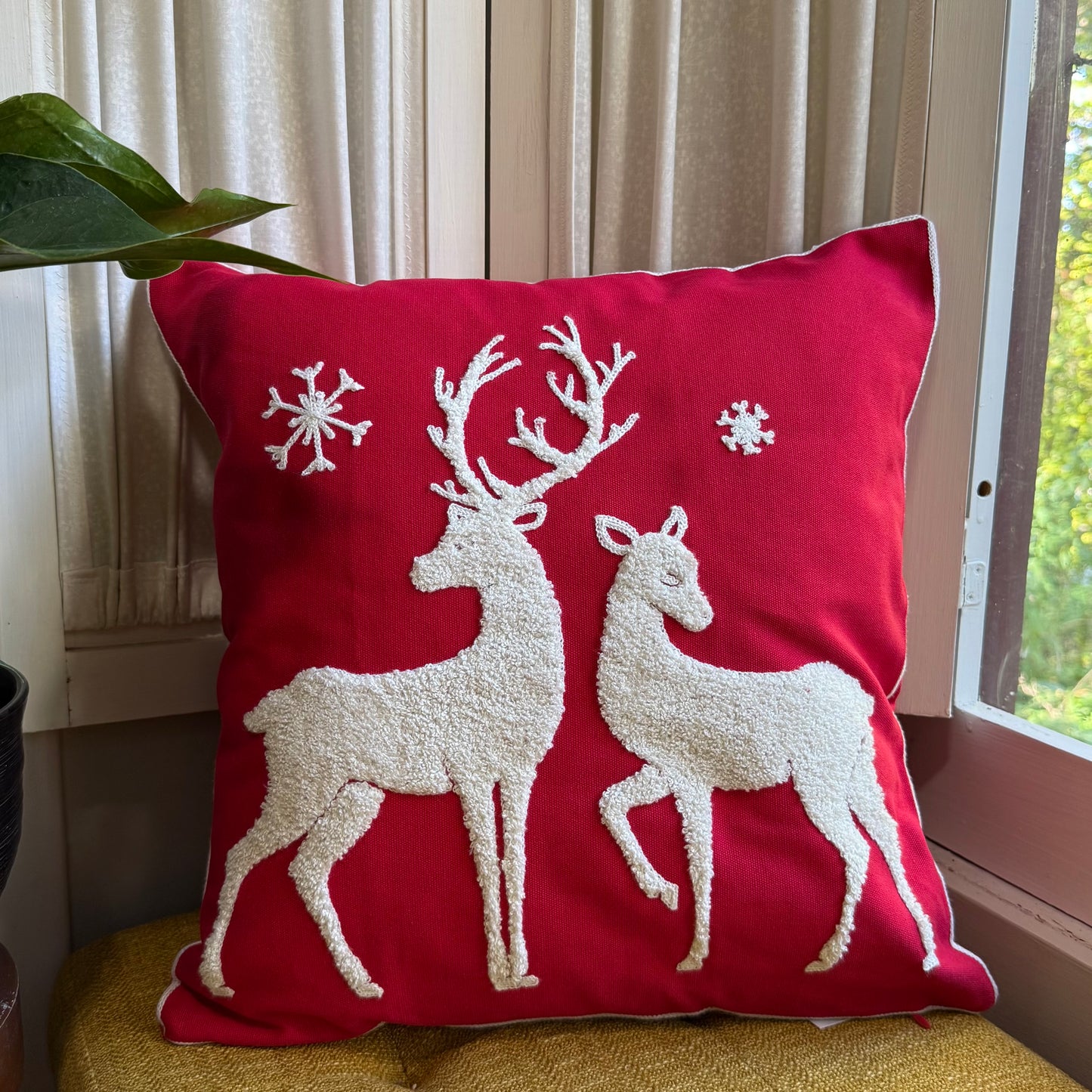 Red and White Winter Deer Embroidered Pillow Cover