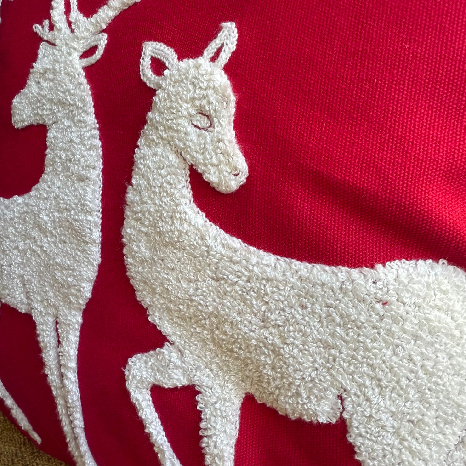 Red and White Winter Deer Embroidered Pillow Cover