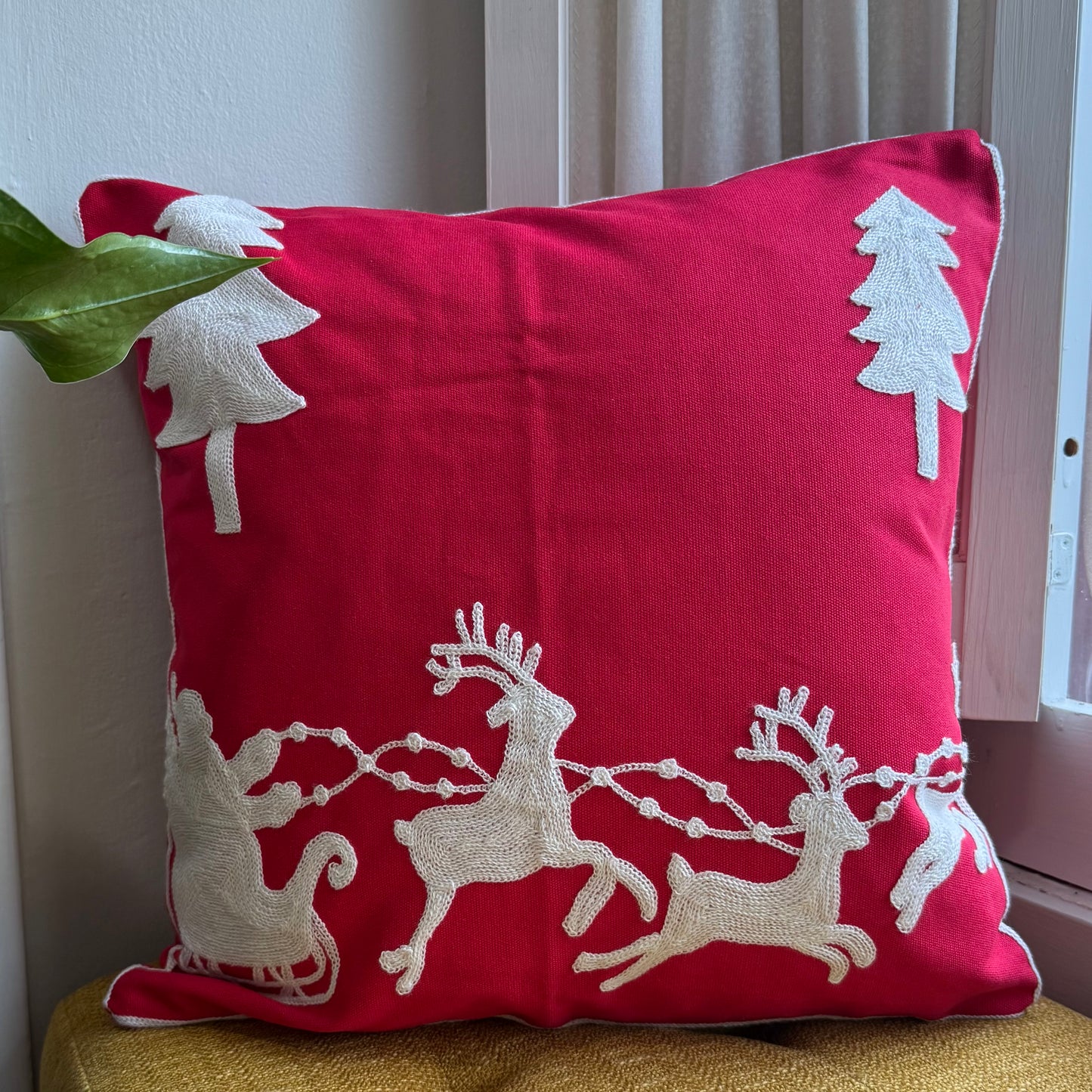 Santa and Reindeer Embroidered Pillow Cover