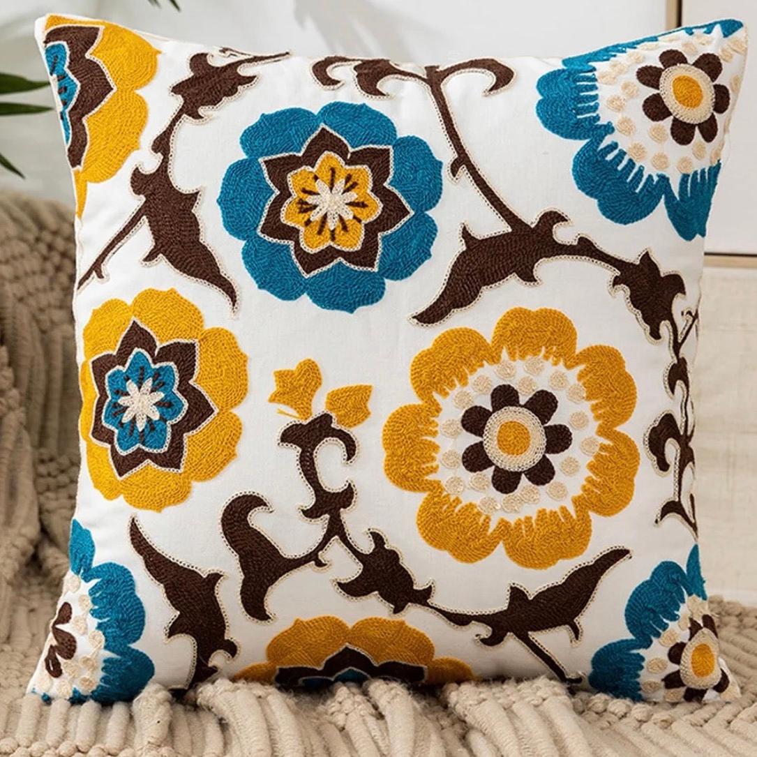 Teal & Mustard Folk Floral Embroidered Pillow Cover