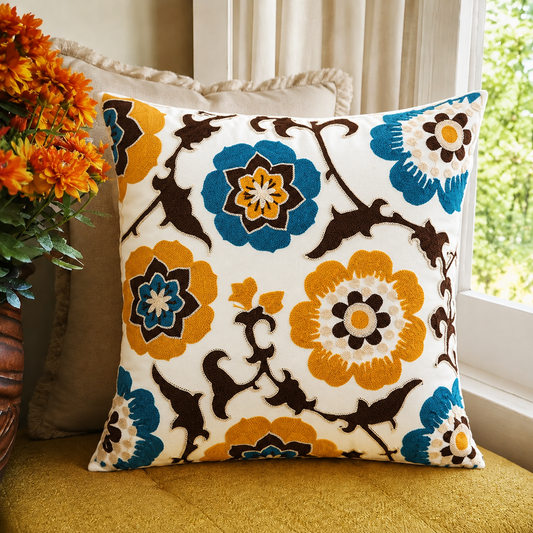 Teal & Mustard Folk Floral Embroidered Pillow Cover