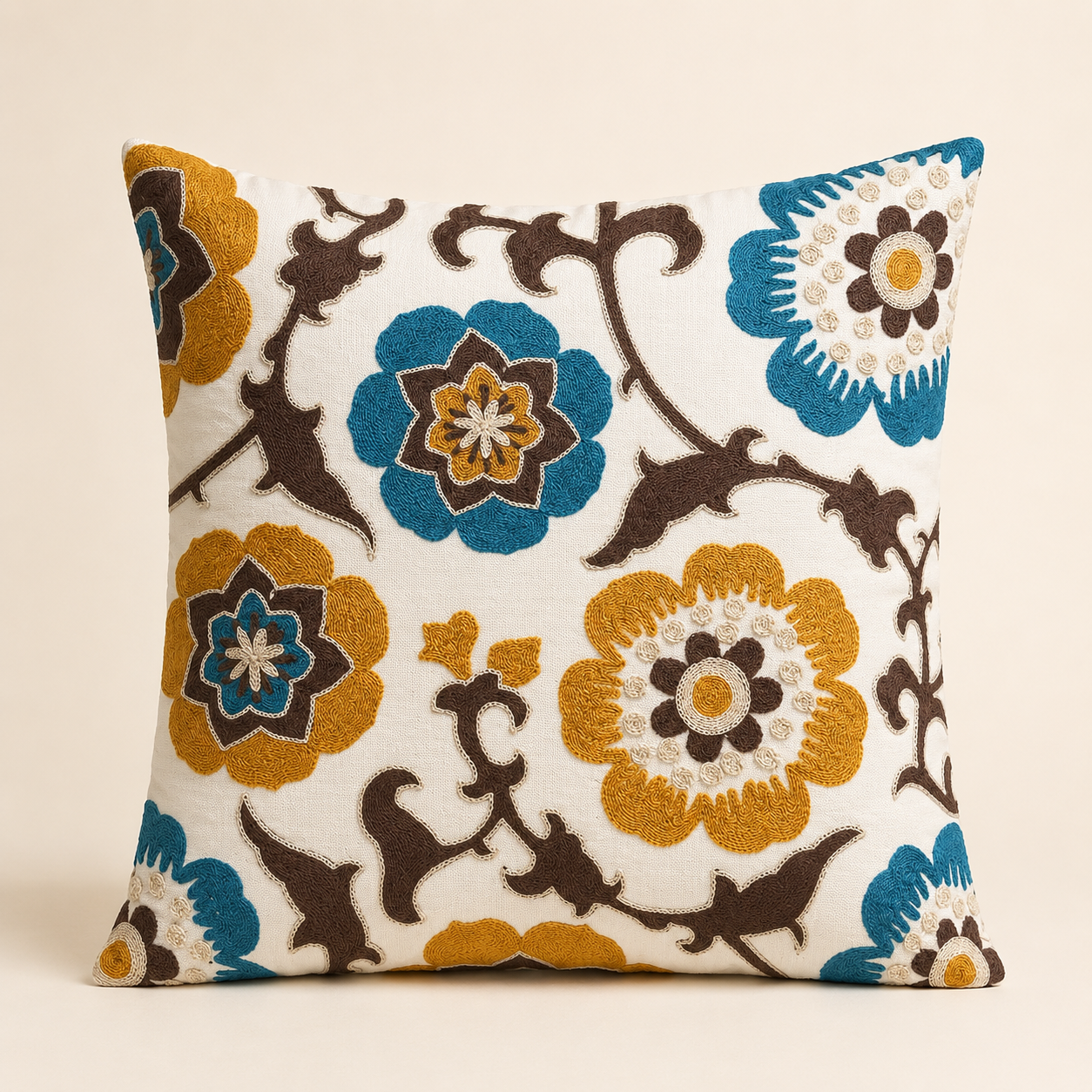 Teal & Mustard Suzani Floral Embroidered Pillow Cover