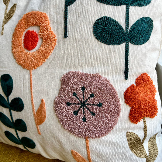 Vibrant Floral Embroidered Throw Pillow Cover
