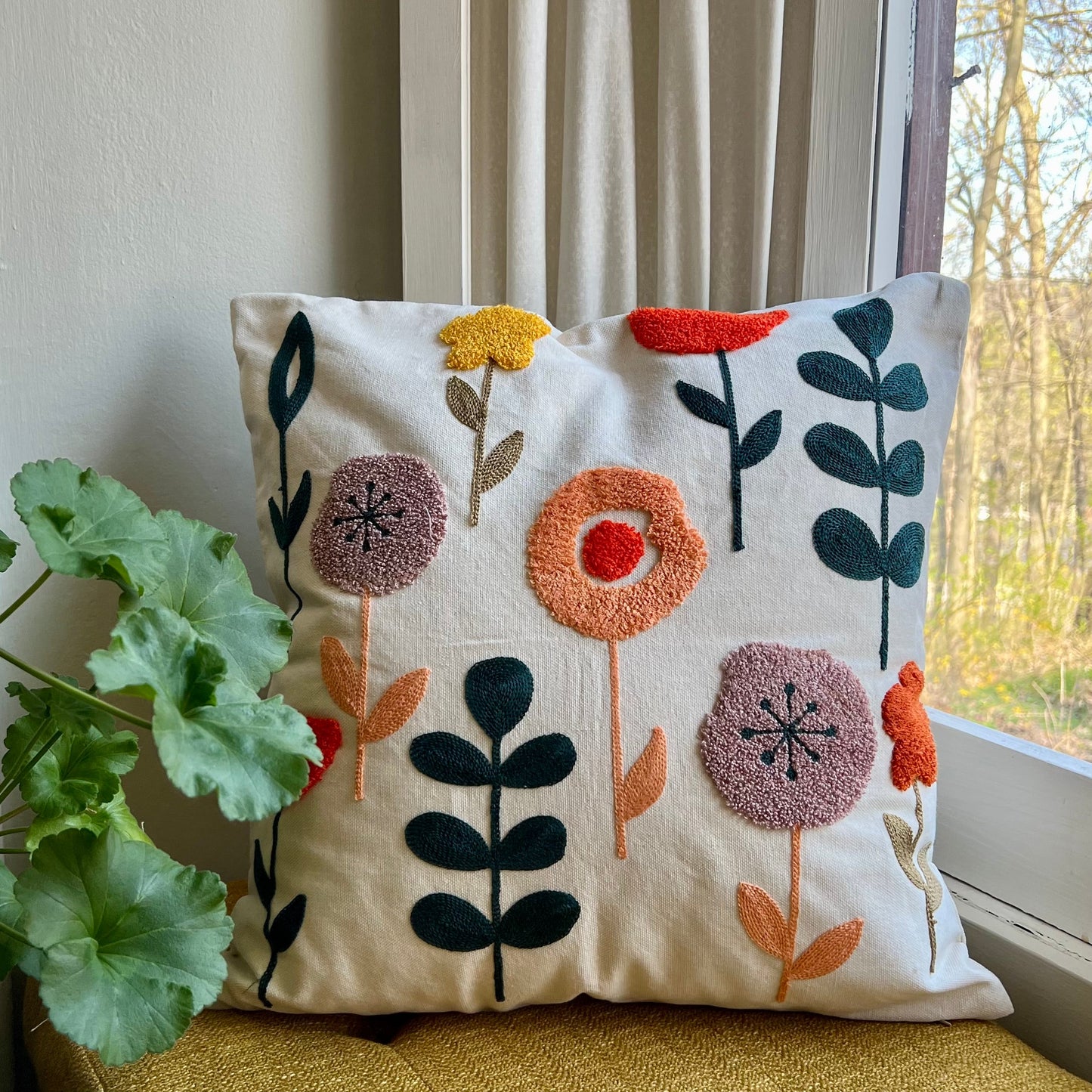 Vibrant Floral Embroidered Throw Pillow Cover