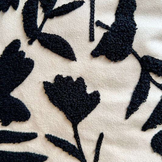 White and Black Floral Embroidered Pillow Cover