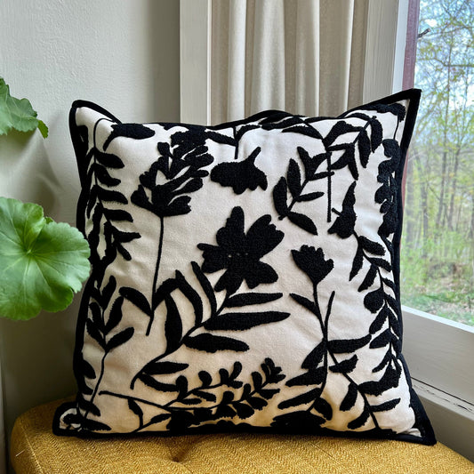 White and Black Floral Embroidered Pillow Cover