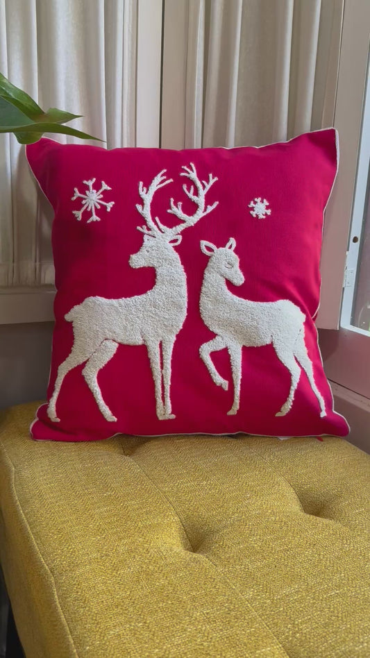 Red and White Winter Deer Embroidered Pillow Cover