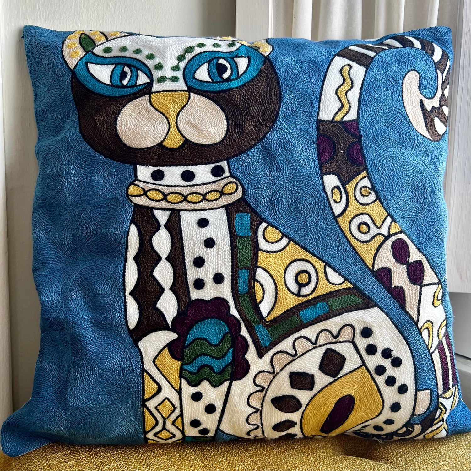 Blue Abstract Cat Embroidered Pillow Cover