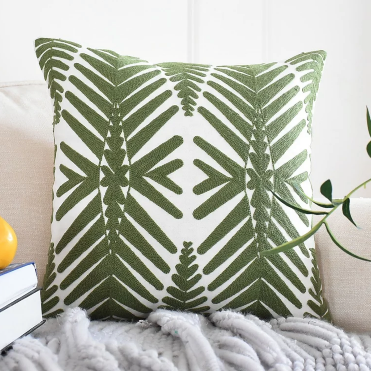 Botanical Fern Leaves Embroidered Pillow Cover