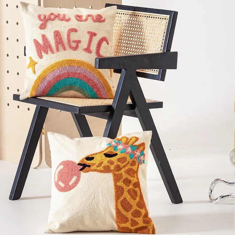 Bubble Gum Giraffe | Embroidered Tufted Pillow Cover