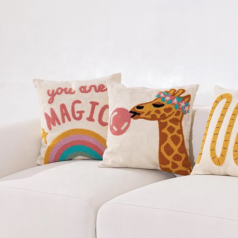 Bubble Gum Giraffe | Embroidered Tufted Pillow Cover