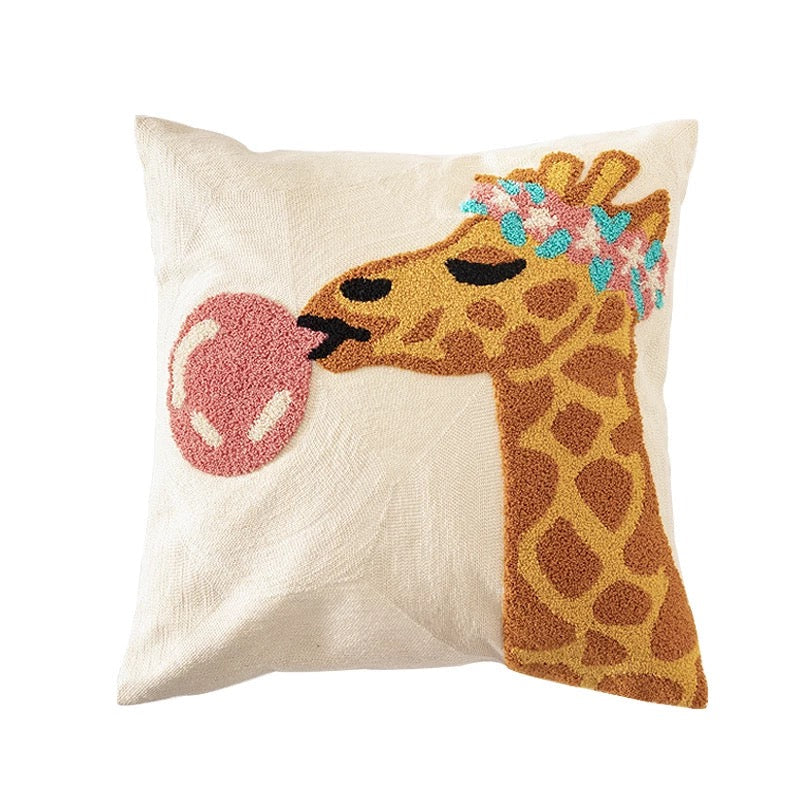 Bubble Gum Giraffe | Embroidered Tufted Pillow Cover