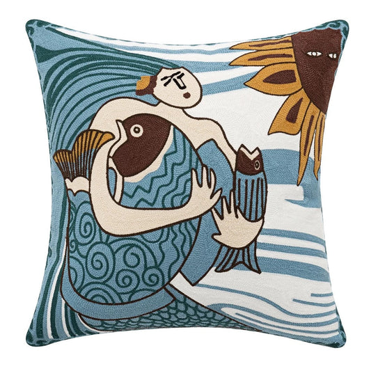 Fish of Plenty Mermaid Embroidered Throw Pillow Cover