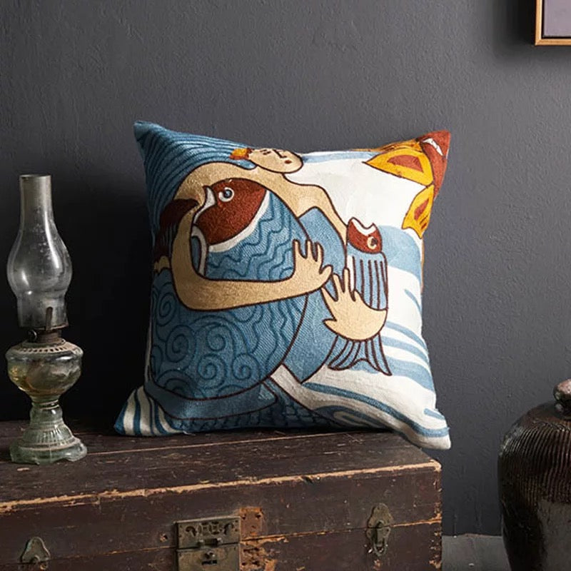 Fish of Plenty Mermaid Embroidered Throw Pillow Cover