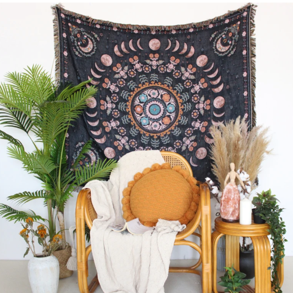 Floral Moon Phases Woven Tapestry/Throw