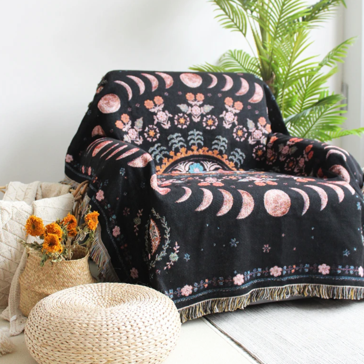 Floral Moon Phases Woven Tapestry/Throw