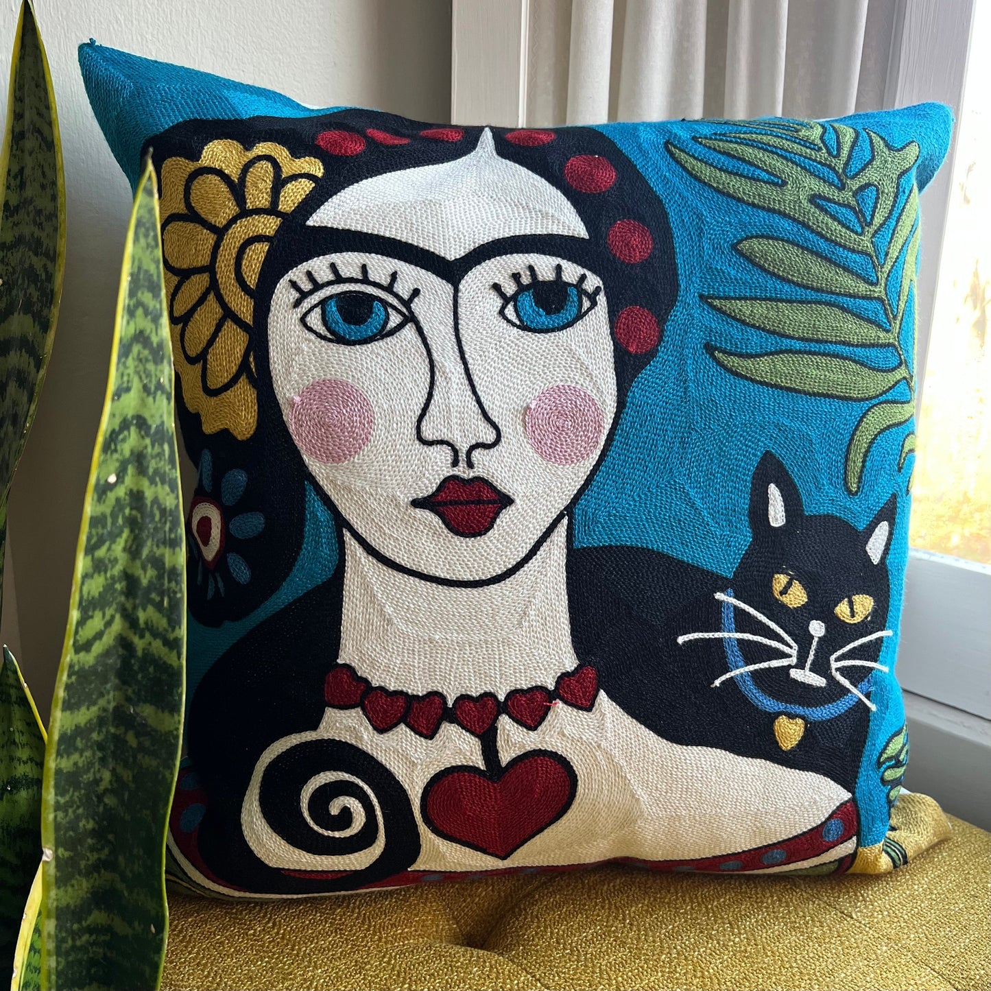 Frida & Cat Embroidered Pillow Cover