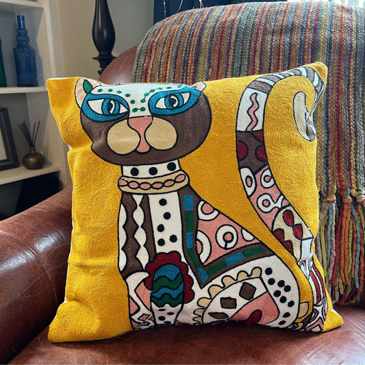 Gold Abstract Art Inspired Cat | Embroidered Pillow Cover