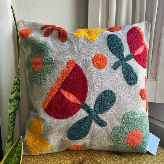 Grey Tufted Floral Embroidered Pillow Cover