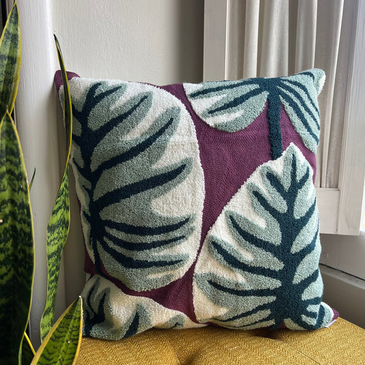 Magenta Monstera Embroidered Pillow Cover