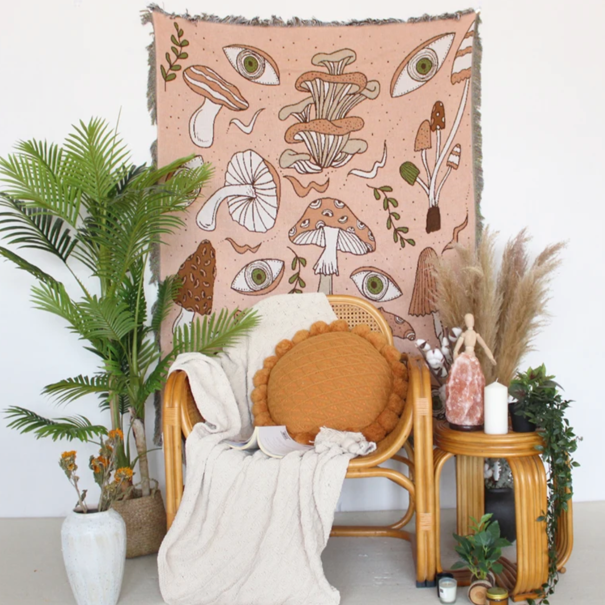 Mushroom and Evil Eye Woven Tapestry/Throw