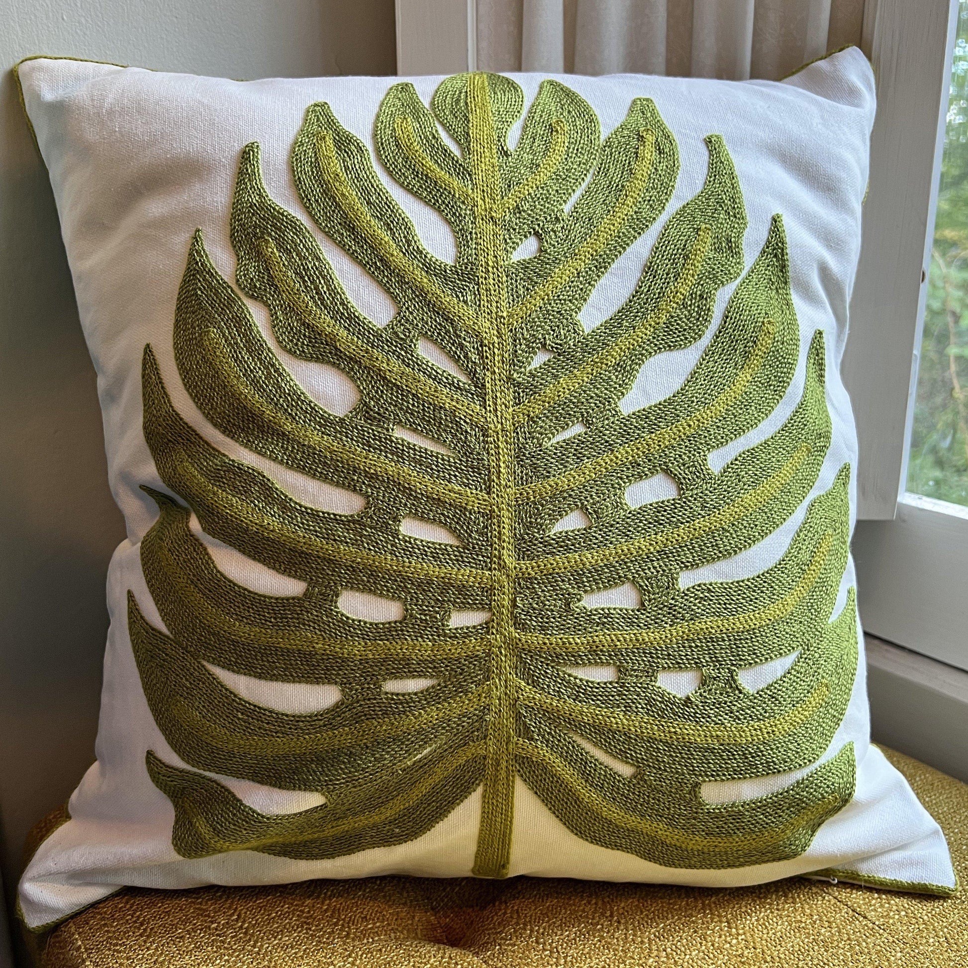 PRE ORDER Green Monstera Leaf | Embroidered Pillow Cover