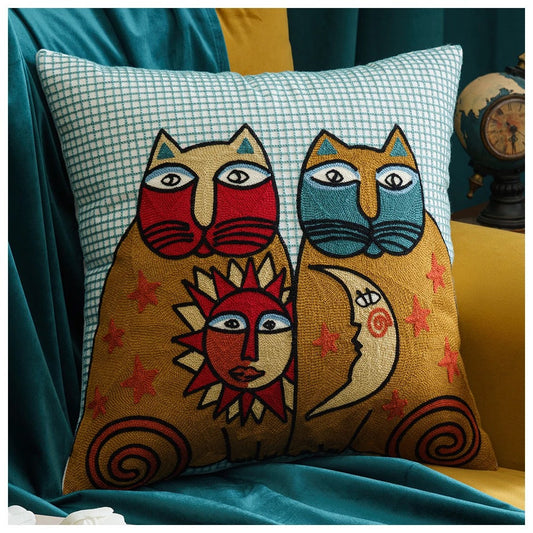 Sun & Moon Abstract Cats | Embroidered Pillow Cover