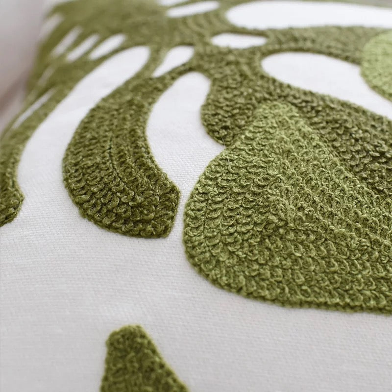 Two Toned Monstera Embroidered Pillow Cover