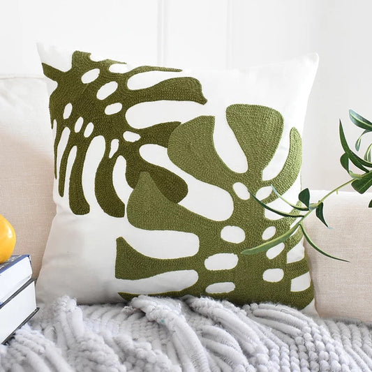Two Toned Monstera Embroidered Pillow Cover