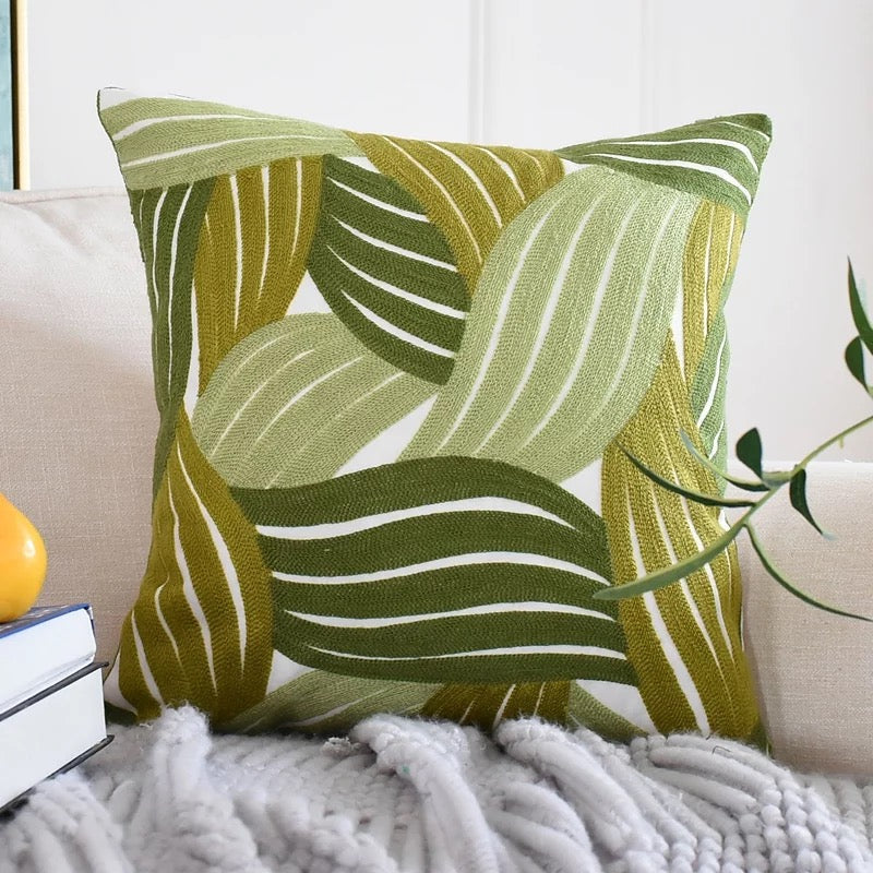 Waves of Green | Embroidered Throw Pillow Cover