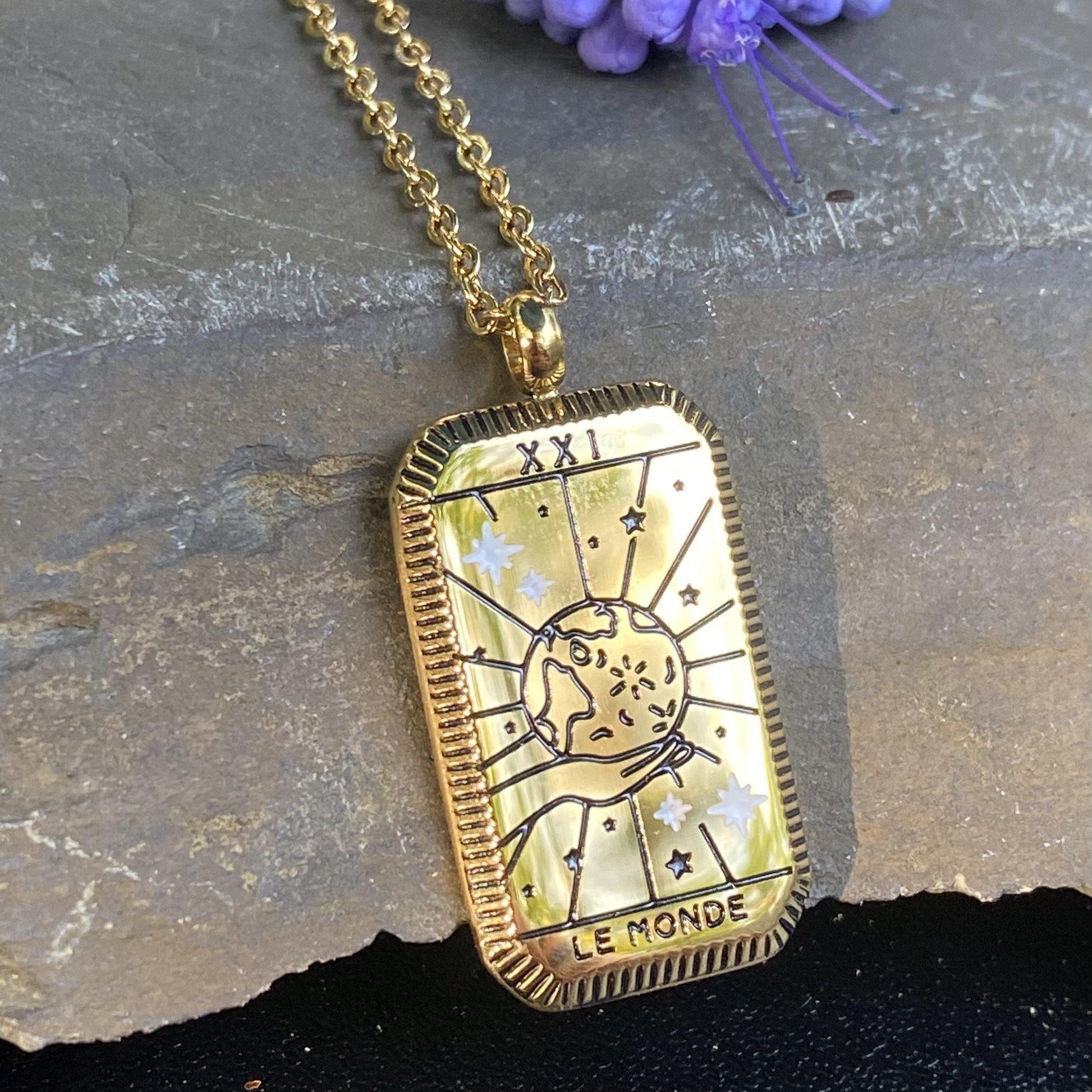 World Tarot Card Gold Necklace