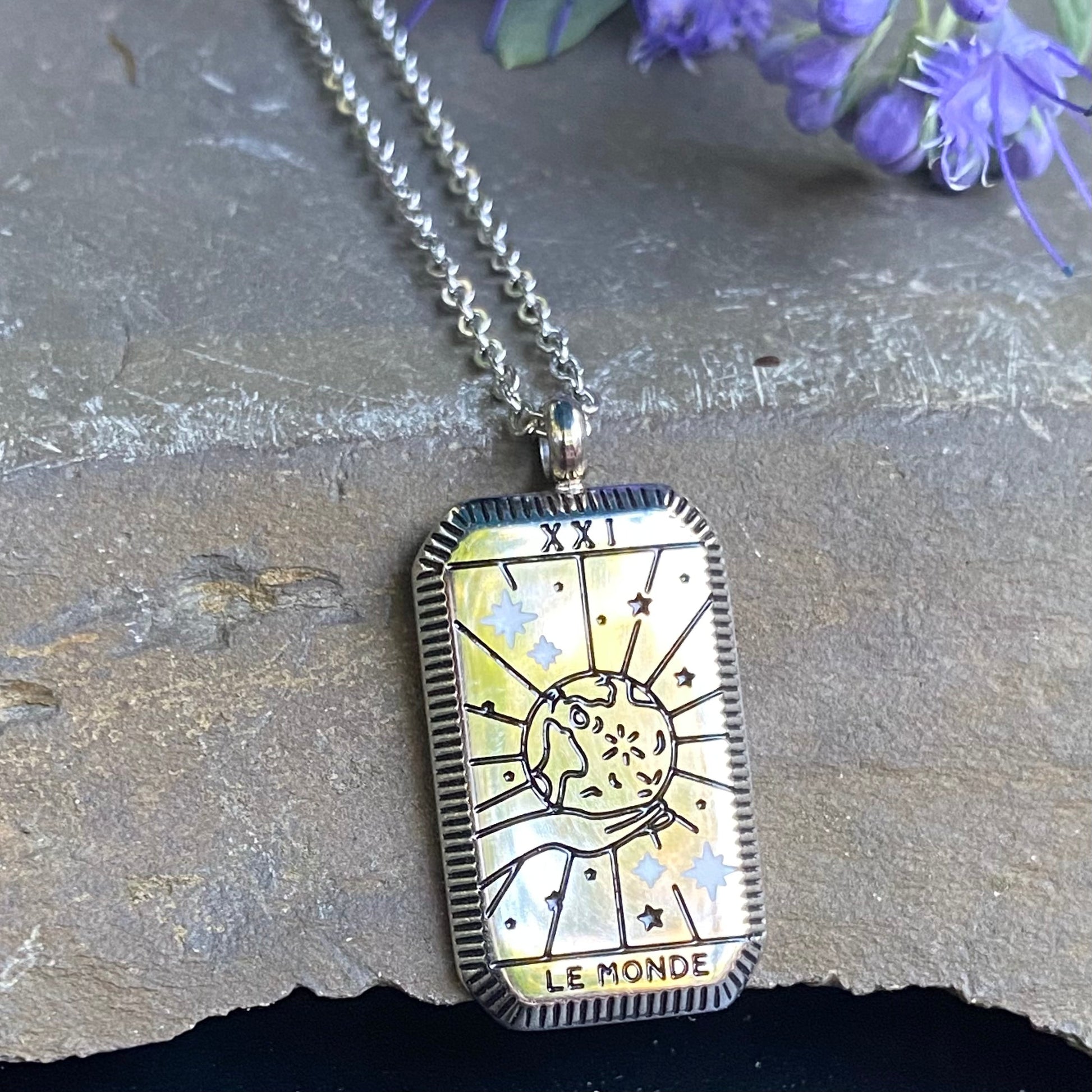 World Tarot Card Silver Necklace